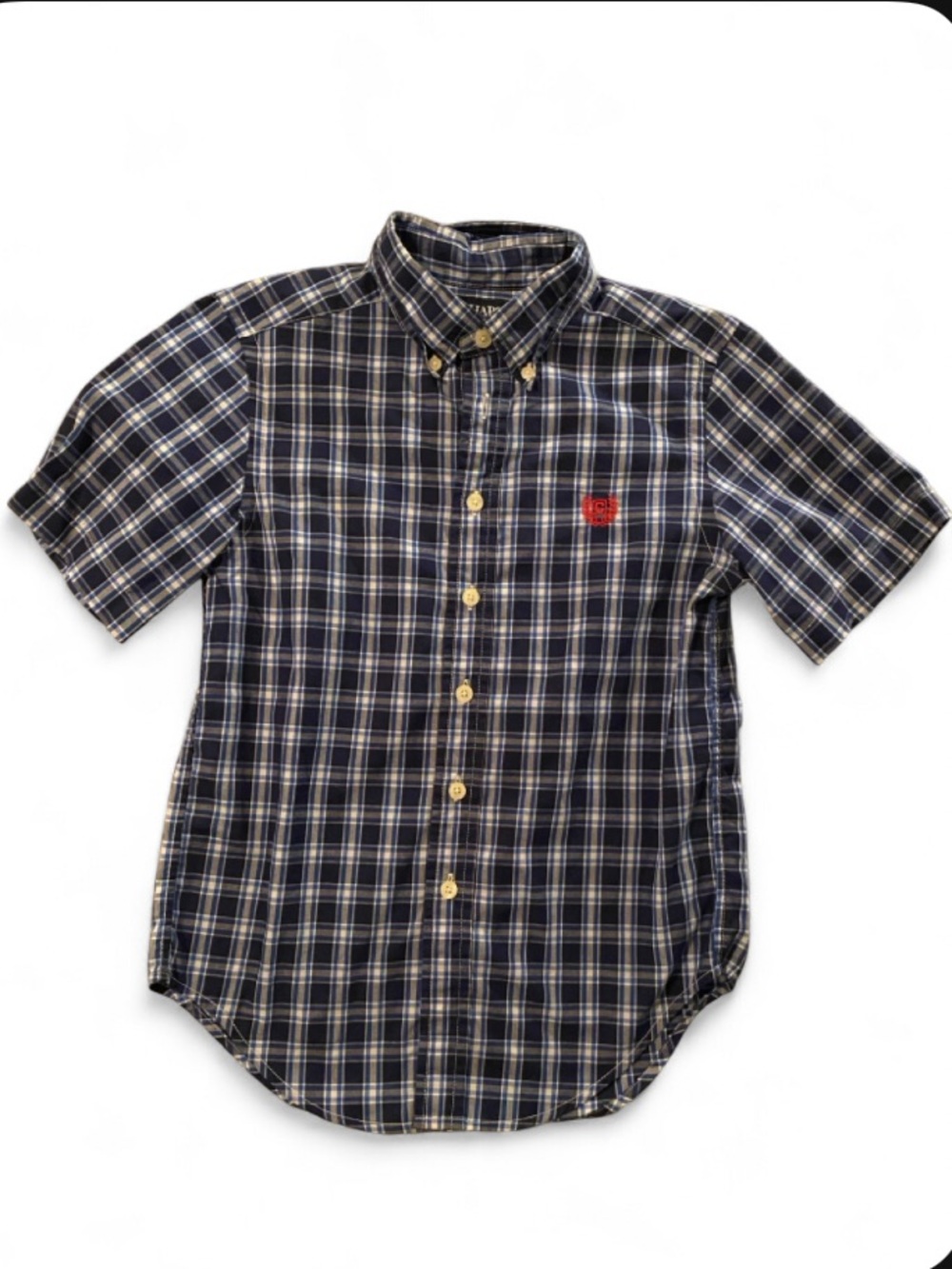Chaps Navy and White Plaid Short-Sleeve Button-Down Shirt with Red Crest